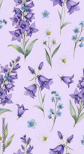 Delicate Purple Wildflower Pattern Arranged on Soft Lavender Background