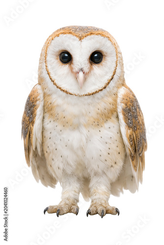 Fotografía A beautiful barn owl standing and looking directly at the camera, isolated on wh