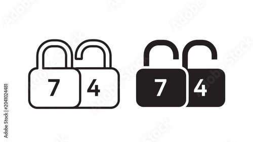 Konstfotografi Padlock Icon Set with Numbers 7 and 4, White and Black Styles, Lock Graphics for