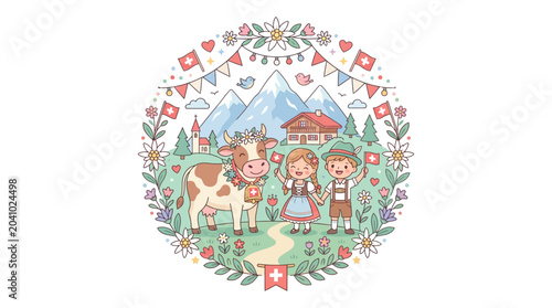 Photos Illustration of a Swiss boy and girl with a cow in traditional costume