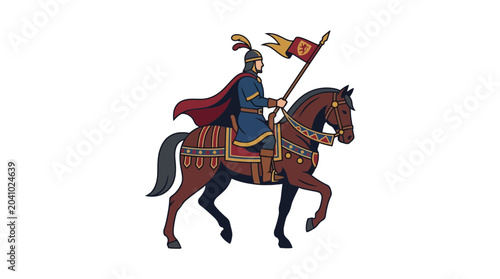 Foto Medieval armored knight riding a warhorse carrying a pennant flag