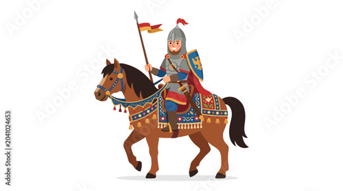 Quadro su tela Medieval knight riding a horse in full armor with spear and shield