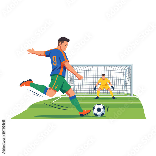 A soccer player takes a penalty kick against a goalkeeper