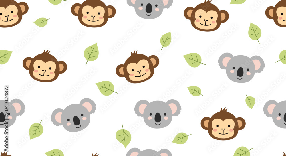 Fototapeta premium Adorable seamless pattern showcasing cute monkey and koala faces with green leaves on a white background for kids.