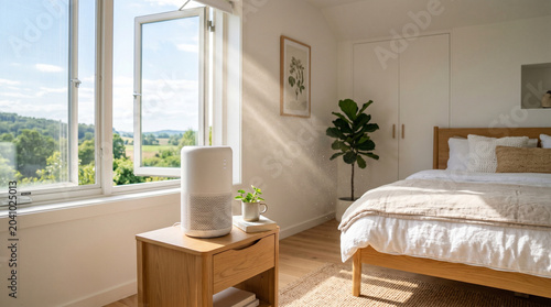 Air purifier in bright bedroom with window and green plant - Concept of Seasonal Summer Allergies  