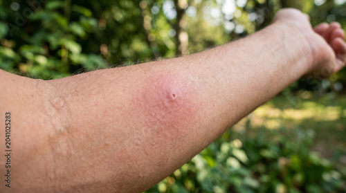 Swollen arm from bee sting in summer nature background, concept of Seasonal Summer Allergies  