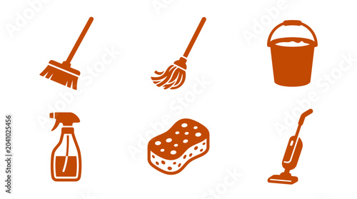 Foto Cleaning tools including a broom, mop, bucket, spray bottle, sponge, and vacuum