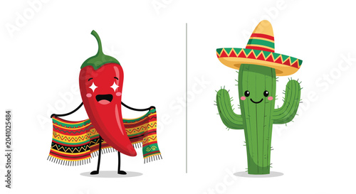 Fun Mexican themed duo includes a smiling red chili pepper with star eyes wearing a poncho and a cute green cactus in a sombrero.