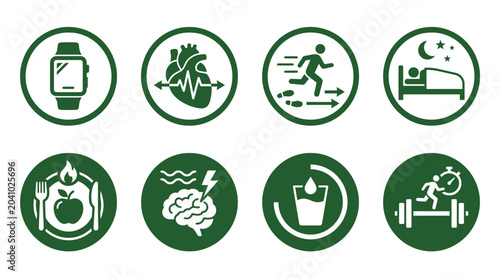 Konstfotografi Set of eight health and fitness icons representing various aspects of wellness a
