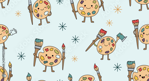 Artistic theme seamless pattern with cute cartoon paint palettes holding brushes and colorful splats on a soft light blue background.