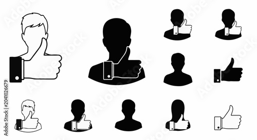 Diverse silhouette icons of people with thumbs up in black and white