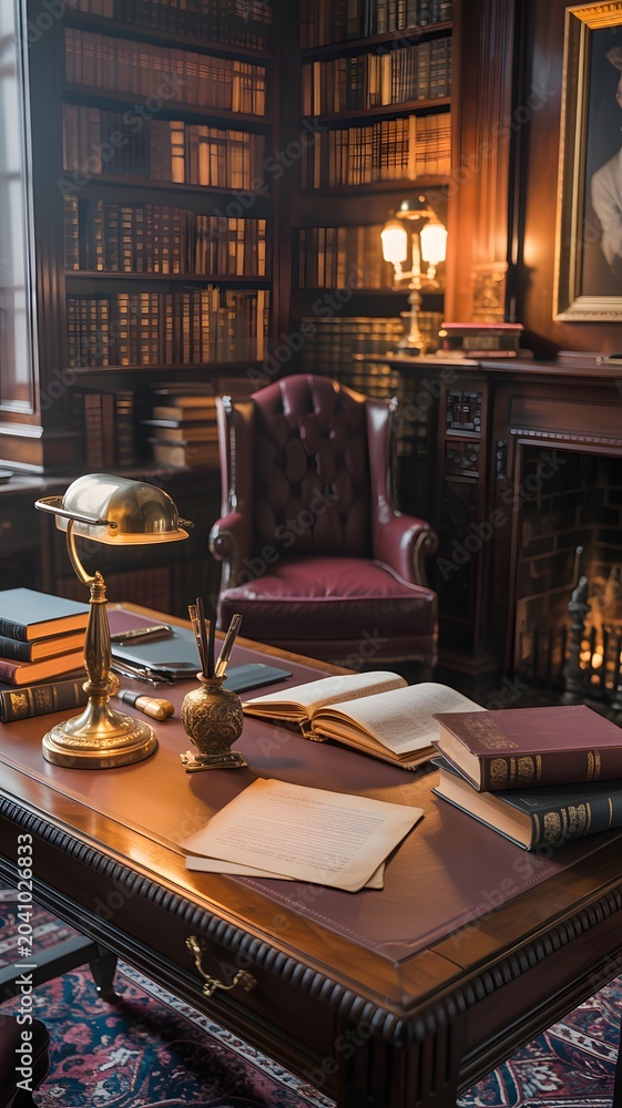 Naklejka premium Elegant vintage library office with leather chair wooden desk and warm lighting