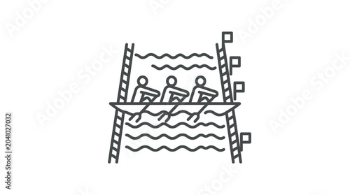 Schilderij op canvas Three people rowing in boat line art icon.