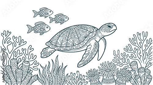 Fotografía Underwater adult anti stress coloring page with ornamental turtle