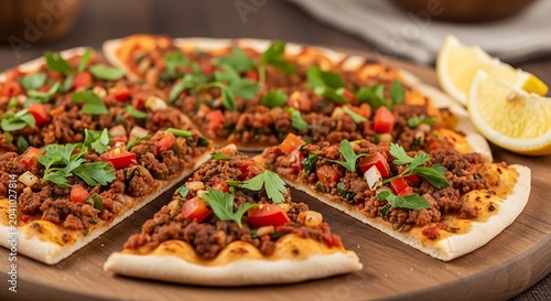 Sliced Turkish Flatbread Pizza Topped with Minced Meat and Parsley on Wooden Board