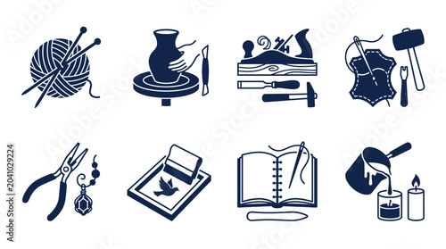 Foto Set of eight hand drawn craft and hobby icons in blue.