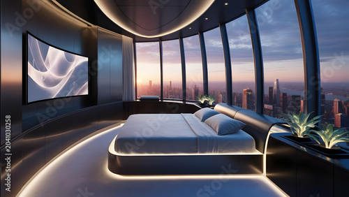 Luxury Futuristic Bedroom Suite with Panoramic City View at Sunset