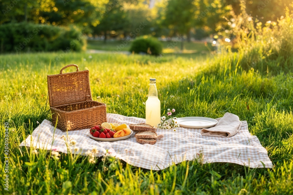 Fototapeta premium Summer Picnic on Blanket With Basket, Fruit and Lemonade in Golden Hour Light