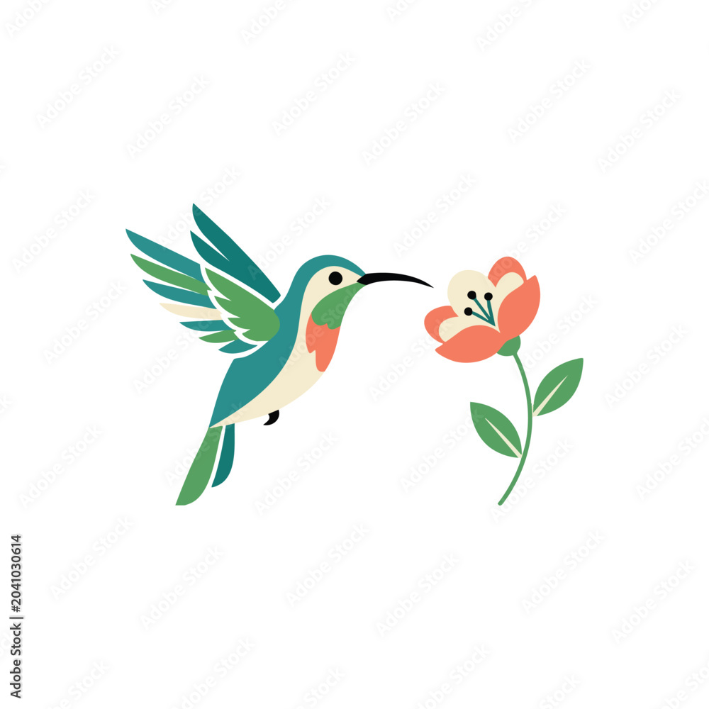 Fototapeta premium Colorful hummingbird hovering near flower illustration.