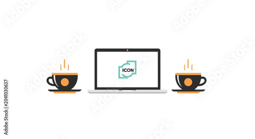 Foto Laptop with two coffee cups.