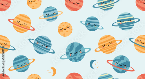 Cute solar system seamless pattern with smiling planets, rings, and crescent moons on a light blue background for children room decor.