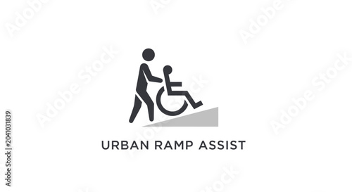 Bild auf Leinwand Man assisting woman in wheelchair ramp.