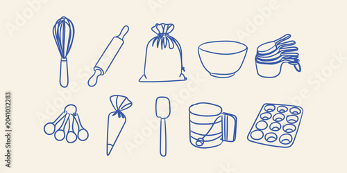 Baking utensil doodle collection with hand drawn kitchen tool vector illustration
