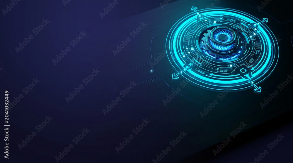 Fototapeta premium Abstract glowing blue circuit board with gears, representing technology, innovation, and digital systems, ideal for futuristic concepts.