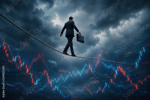 Businessman Walking Tightrope Above Volatile Financial Markets and Economic Uncertainty
