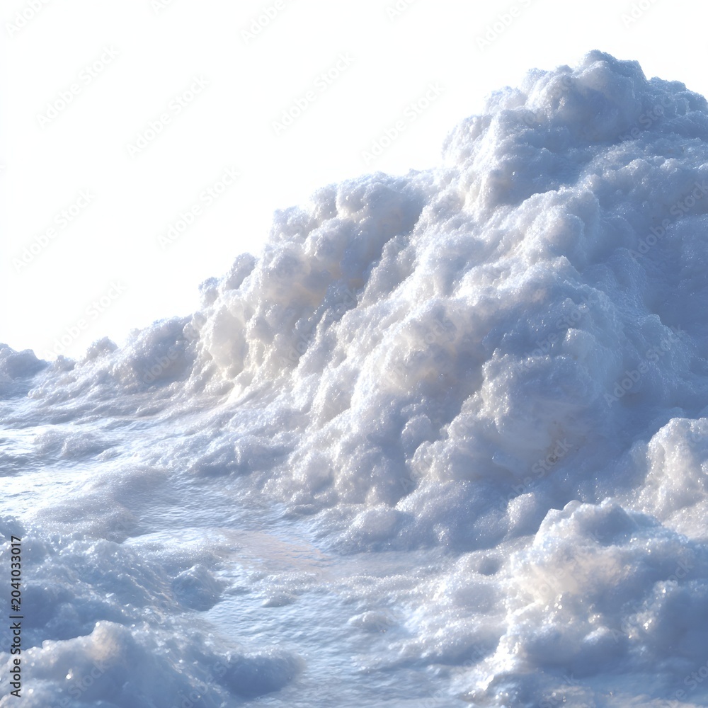 Naklejka premium Pristine white snow pile with icy crystalline texture, fresh winter snowdrift under bright natural light, cold frozen snowy landscape detail for seasonal weather and holiday concepts isolated