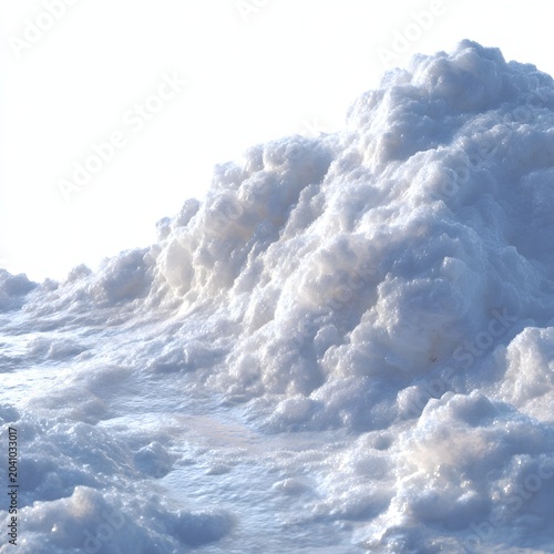 Pristine white snow pile with icy crystalline texture, fresh winter snowdrift under bright natural light, cold frozen snowy landscape detail for seasonal weather and holiday concepts isolated