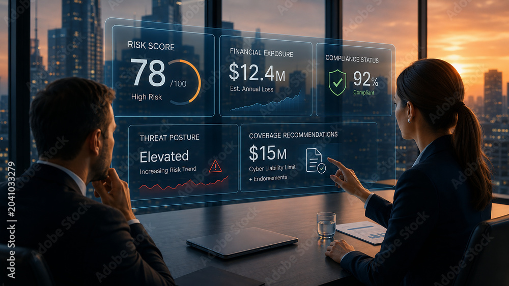 Business professionals analyzing cyber risk and financial exposure on a futuristic holographic interface in a modern city office at sunset
