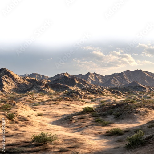 Arid desert landscape with rugged mountain peaks and sandy dunes, vast wilderness under a dramatic cloudy sky, dry barren terrain with sparse green shrubs and golden sunlight textures isolated