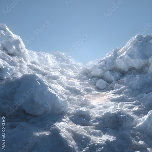 Arctic snow landscape with frozen ice mounds and bright sunlight, winter mountain terrain under clear blue sky, textured white snow drifts in polar wilderness