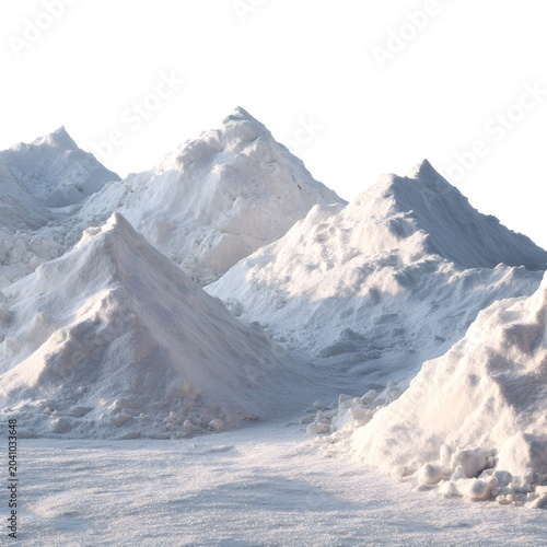 Industrial salt piles in a mining facility, large mounds of white mineral sea salt for chemical production, raw crystalline sodium chloride texture for food processing and winter deicing