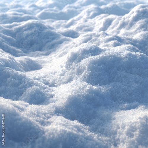 Pristine white snow texture with soft winter sunlight, fresh powdery snow drifts in cold morning light, sparkling crystalline snow surface for seasonal holiday backgrounds and winter themes.