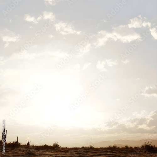 Desert landscape at sunset with saguaro cactus silhouettes, golden hour sun flare over arid wilderness horizon. Bright hazy sky with soft clouds above dry southwest valley terrain. isolated PNG