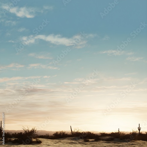 Desert landscape at sunrise with saguaro cacti silhouettes, golden hour light over arid wilderness, vast blue sky with soft clouds over sandy desert floor