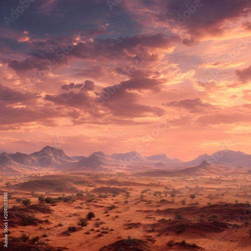 Cinematic desert landscape at sunset with dramatic pink clouds, vast arid mountain range under a glowing twilight sky, majestic wilderness scenery for travel and nature backgrounds isolated PNG