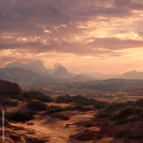 Cinematic desert landscape at sunset with golden clouds. Majestic mountain peaks under a warm evening sky. Vast arid wilderness with red rock formations and dramatic twilight lighting. isolated