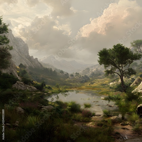 Cinematic mountain valley landscape with serene lake and dramatic clouds, majestic alpine wilderness scenery at sunset, tranquil nature vista with lush greenery and rocky mountain peaks isolated