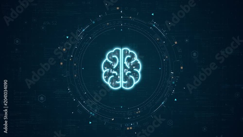 Motion graphic of glowing brain icon inside a futuristic HUD interface, with digital technology background for AI analytics and machine learning concept.