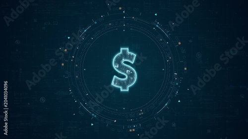 Motion graphic of glowing dollar symbol inside a futuristic HUD interface, with digital technology background for fintech analytics and finance data concept.