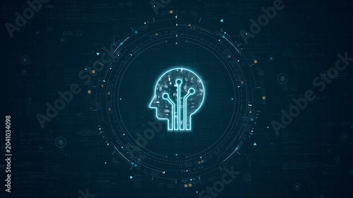 Motion graphic of glowing artificial intelligence head with circuit lines, digital HUD interface and futuristic technology background for innovation data concept.