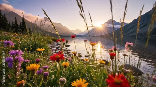 Serene winter lakeside landscape with frosty mountains, misty sunrise sky, and smooth river stones along a calm water shoreline