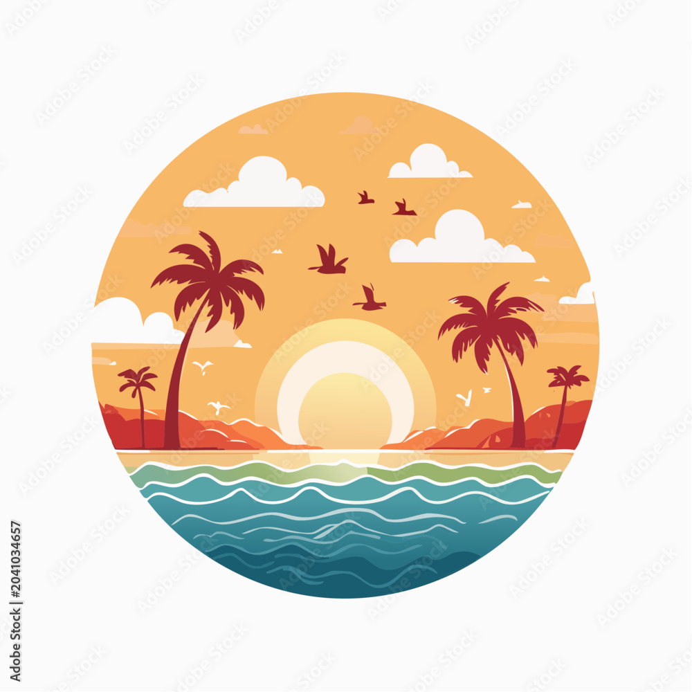 Obraz premium Tropical Sunset with Palm Trees and Ocean Waves