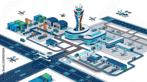 Futuristic Smart Airport and Automated Logistics Hub Isometric Illustration