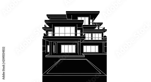 Foto Black and white architectural illustration of a modern luxury multi story villa with a swimming pool