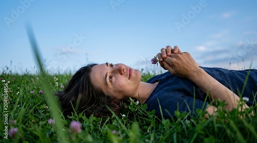 Peaceful woman lying in green meadow under blue sky