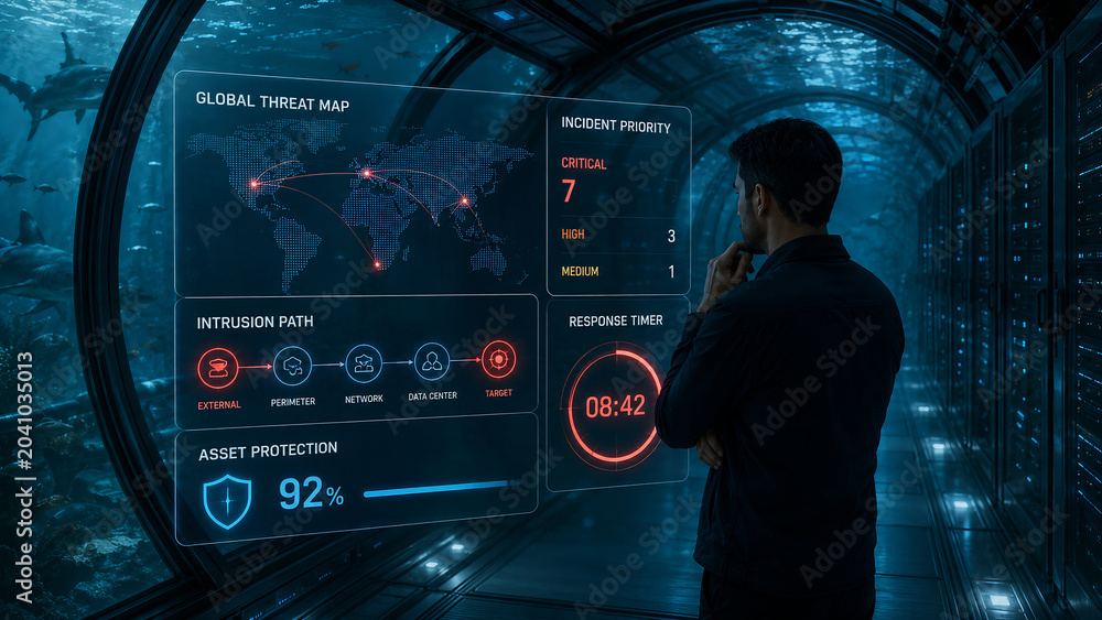 Cybersecurity Expert Analyzing Global Threat Map in Futuristic Underwater Data Center